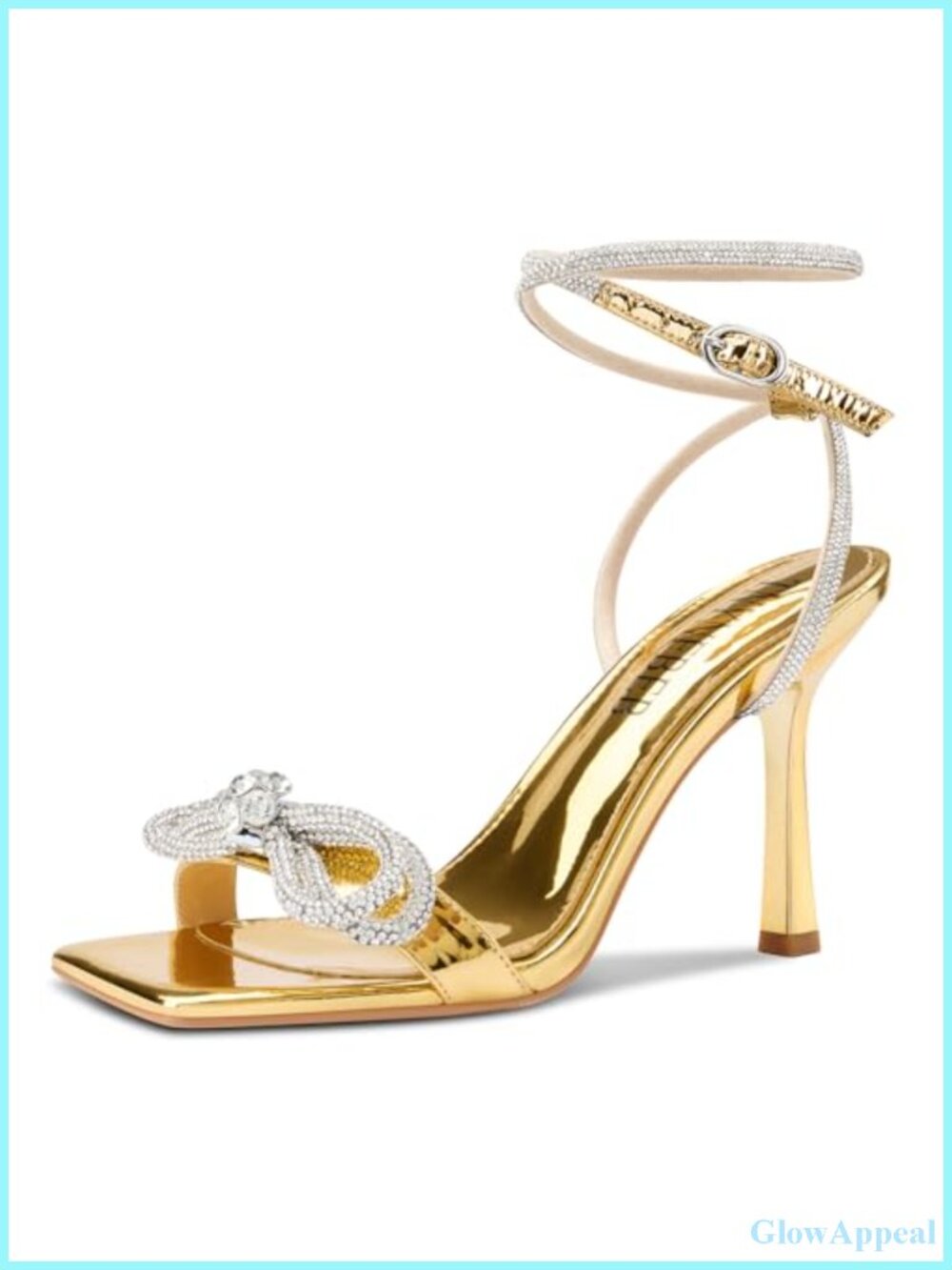 Womens Stiletto High Heel Open Square Toe Ankle Strap Sandals Rhinestone Bow
